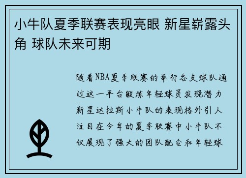 小牛队夏季联赛表现亮眼 新星崭露头角 球队未来可期